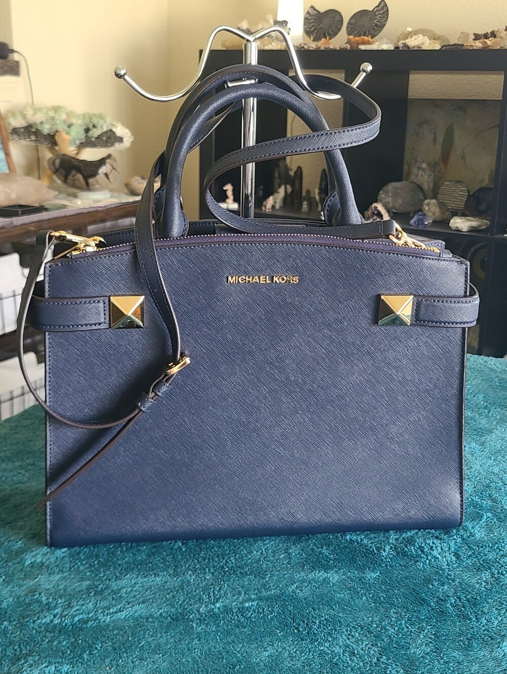 MICHAEL KORS Navy Saffiano Leather Satchel with Gold Hardware